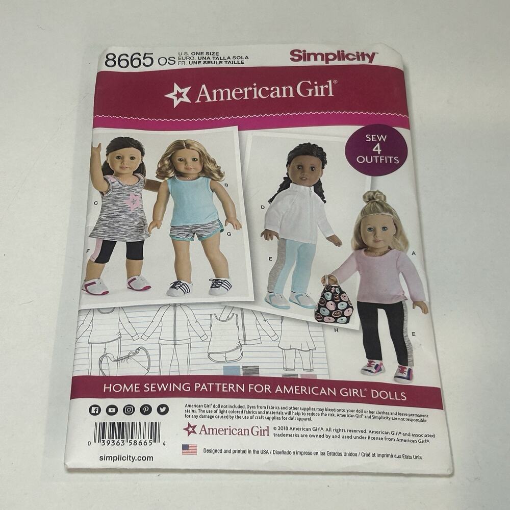 American Girl SEWING PATTERN #8665 4 Outfits 18" Doll Clothes Activewear Uncut